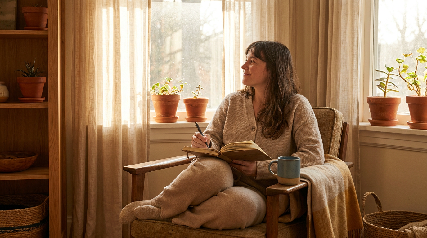 Person journaling by a sunny window while practicing how to set healthy boundaries
